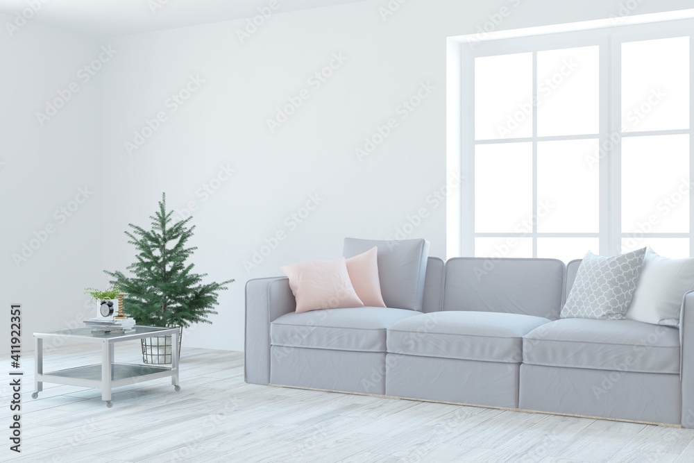 Fototapeta premium Modern living room in white color with sofa. Scandinavian interior design. 3D illustration
