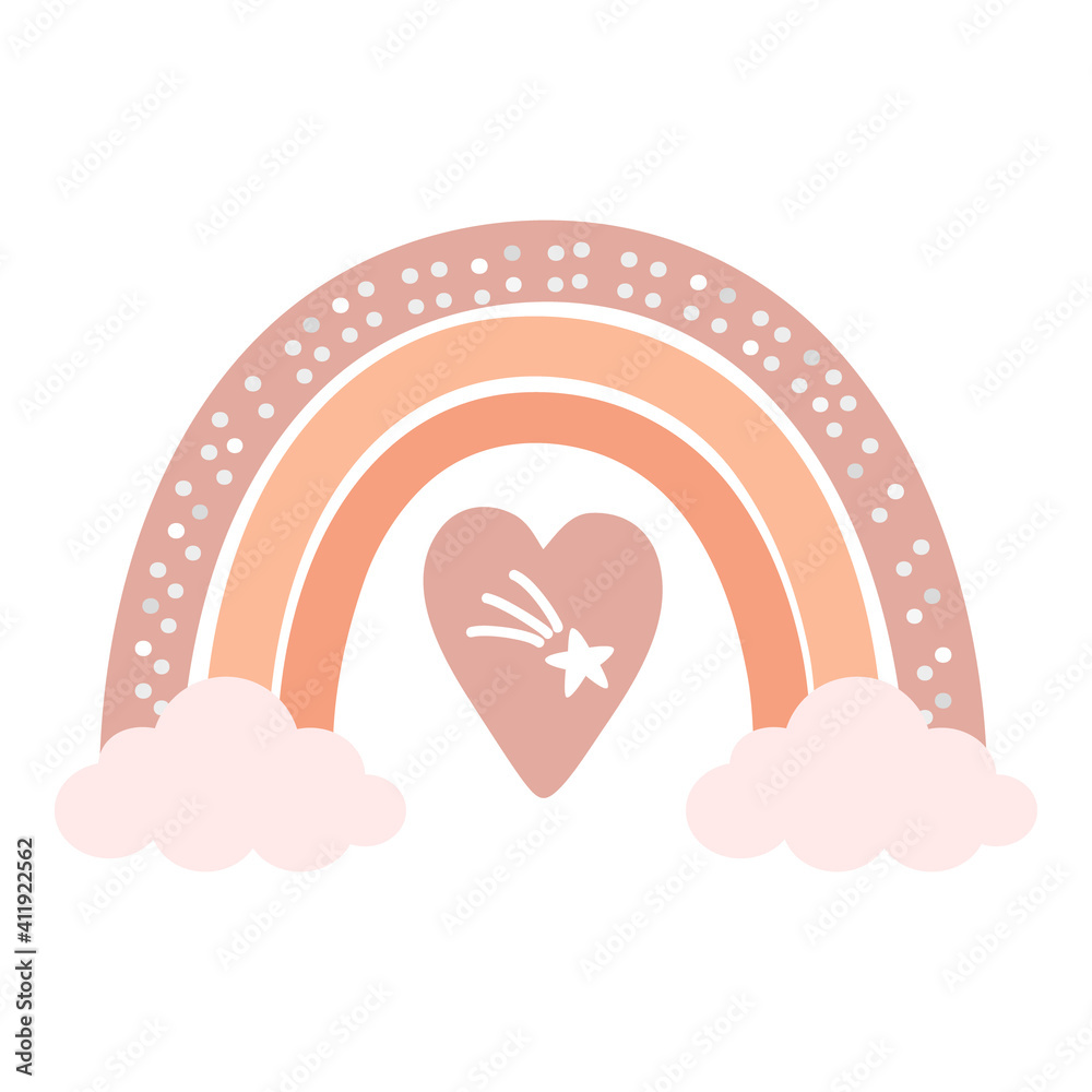 Boho Nursery Rainbow in trendy Scandinavian style, isolated on a white background. Cute hygge illustration for poster, textile, greeting card, kids playroom wall decor. Hand drawn prints and doodle Boho Nursery Rainbow in trendy Scandinavian style, isolated on a white background. Cute hygge illustration for poster, textile, greeting card, kids playroom wall decor. Hand drawn prints and doodle
