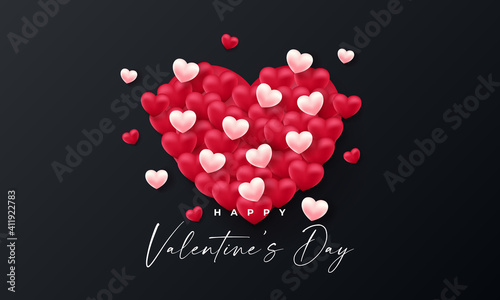 Valentines day 3d hearts. Cute love banner, romantic greeting card happy valentines day wishes text, red heart balloons vector concept