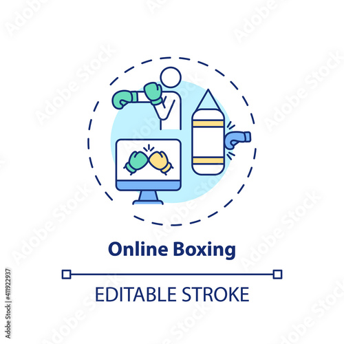 Online boxing concept icon. Remote workout program idea thin line illustration. Balance improvement. Strengthening upper-body and core. Vector isolated outline RGB color drawing. Editable stroke