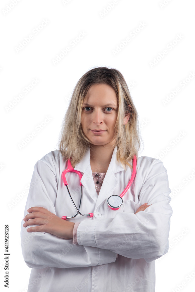 Caucasian doctor woman with pink stethoscope Caucasian doctor woman with pink stethoscope