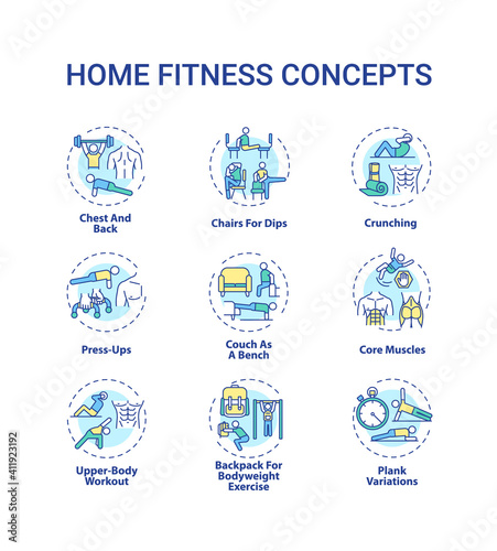 Home fitness concept icons set. Physical training session idea thin line RGB color illustrations. Core muscles. Plank variations. Press-up. Crunching. Vector isolated outline drawings. Editable stroke