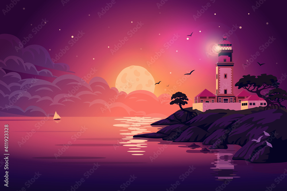 Lighthouse - vector landscape. Sea landscape with beacon on the cliff ...