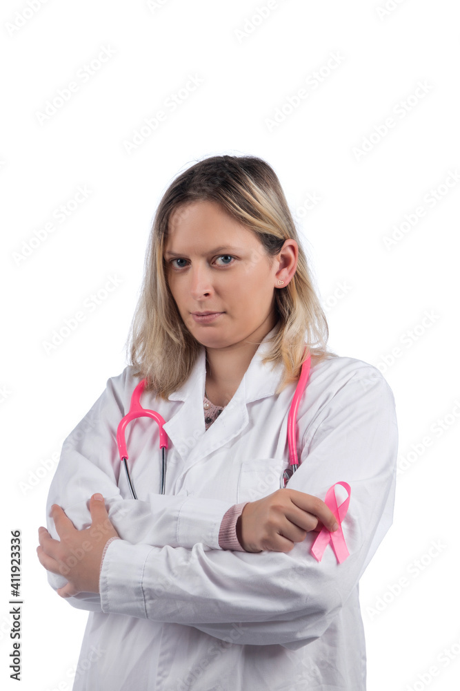 Caucasian doctor woman with pink stethoscope Caucasian doctor woman with pink stethoscope