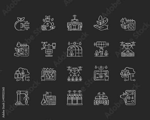 Smart farm system RGB chalk white icons set on black background. Innovation technology. Industry automatization. Digital agrotechnology. Isolated vector chalkboard illustrations