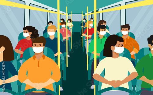 bus seating safe. black and white, man, woman in face mask. vector illustration