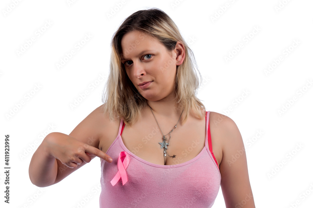 Caucasian girl holding breast cancer ribbon Caucasian girl holding breast cancer ribbon