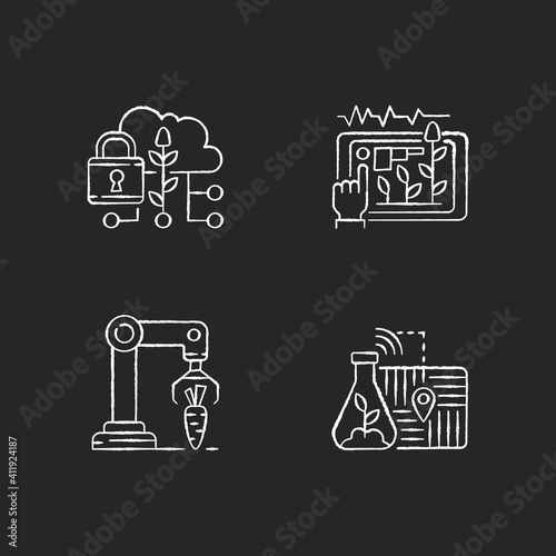 Automation of agronomy RGB chalk white icons set on black background. Soil sampling. Data security in agriculture. Yield prediction. Harvesting robotics. Isolated vector chalkboard illustrations