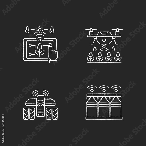 Precision agriculture RGB chalk white icons set on black background. Automation in horticulture. Smart farm. Farming drones. Crop storage. Driverless tractor. Isolated vector chalkboard illustrations