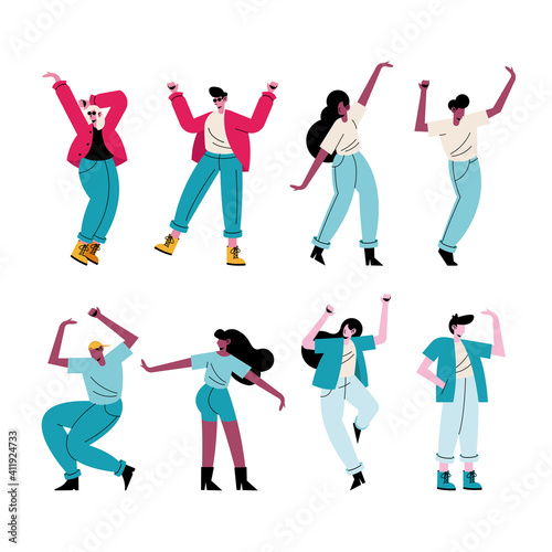 happy young people dancing eight characters