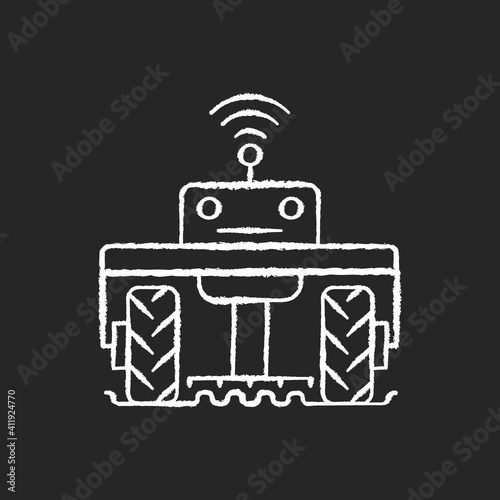 Robotics in agriculture chalk white icon on black background. Automation in agronomy industry. Engineering in biotechnology. High-tech. Isolated vector chalkboard illustration