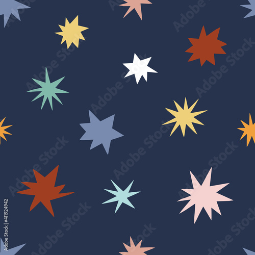  Star quirky shapes vector seamless pattern. Cosmic starry paper cut silhouette baby background design. Abstract celestial geometric space childish fabric print