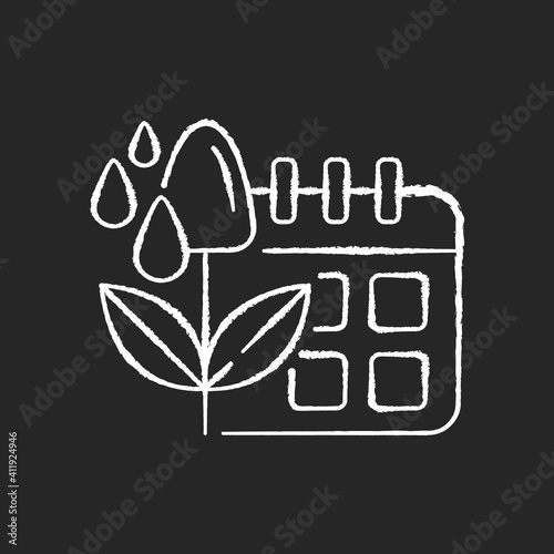Irrigation scheduling chalk white icon on black background. Plant watering. Agriculture equipment. Rain sensors. Evapotranspiration. Isolated vector chalkboard illustration