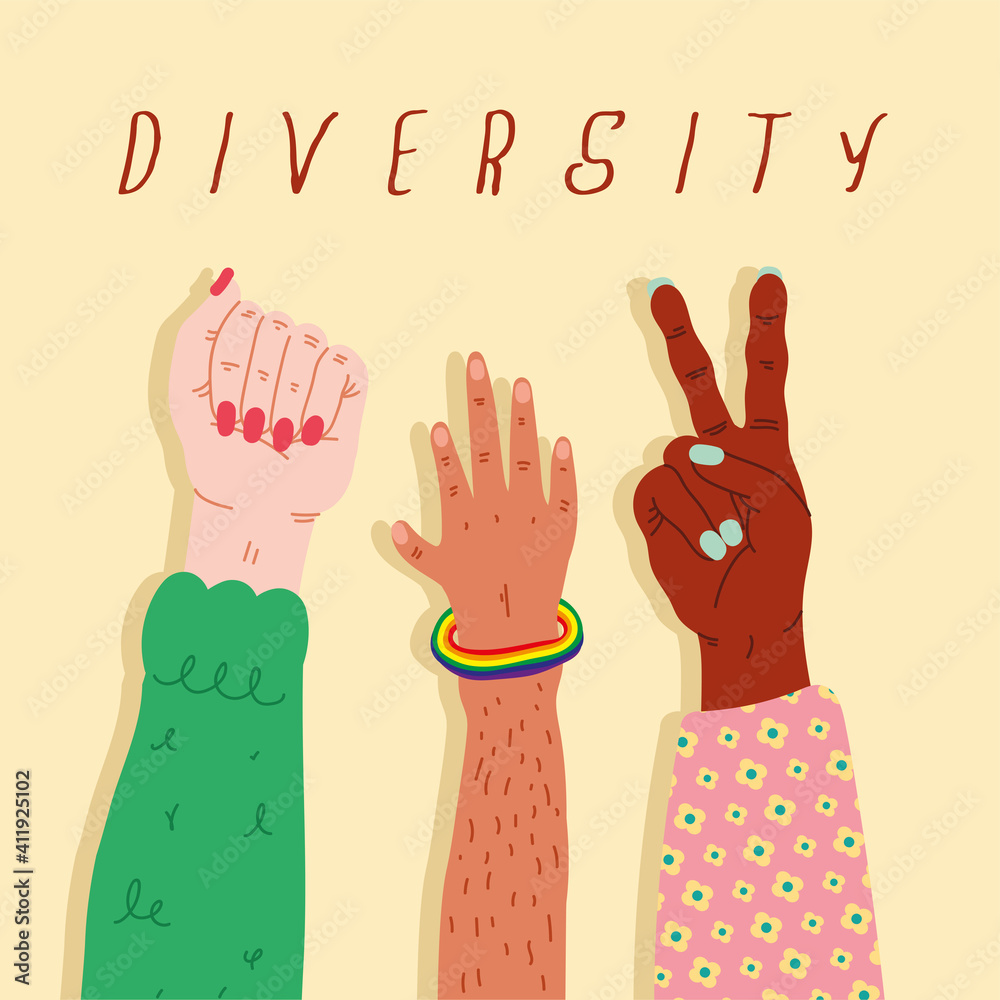 three diversity hands humans up and lettering three diversity hands humans up and lettering