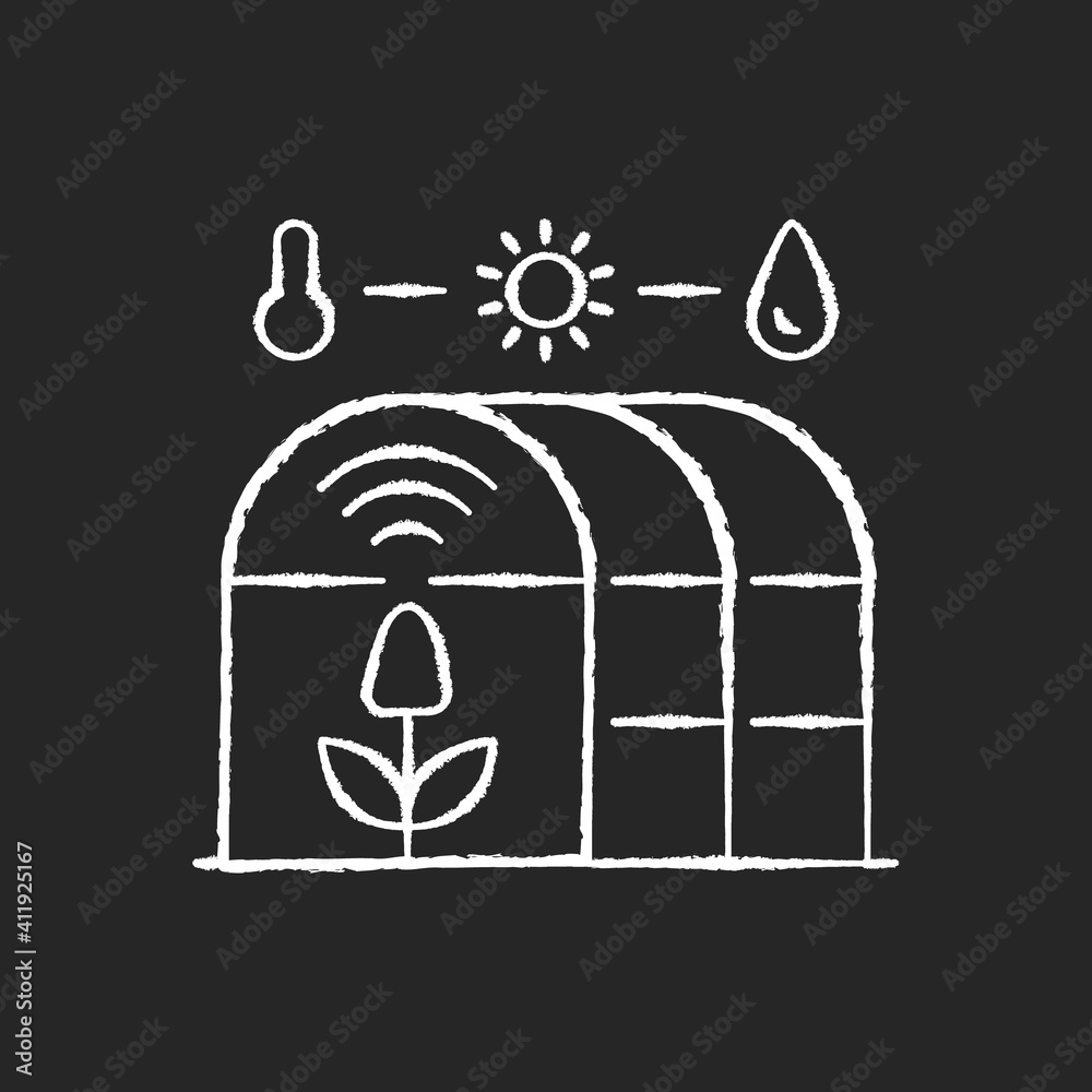 Smart greenhouse chalk white icon on black background. Agricultural management. Cultivation environment. Indoor farming. Isolated vector chalkboard illustration Smart greenhouse chalk white icon on black background. Agricultural management. Cultivation environment. Indoor farming. Isolated vector chalkboard illustration