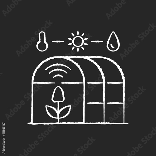 Smart greenhouse chalk white icon on black background. Agricultural management. Cultivation environment. Indoor farming. Isolated vector chalkboard illustration