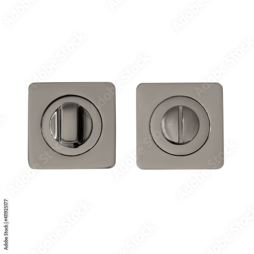 Two glossy square-shaped black door turn signals on a white background