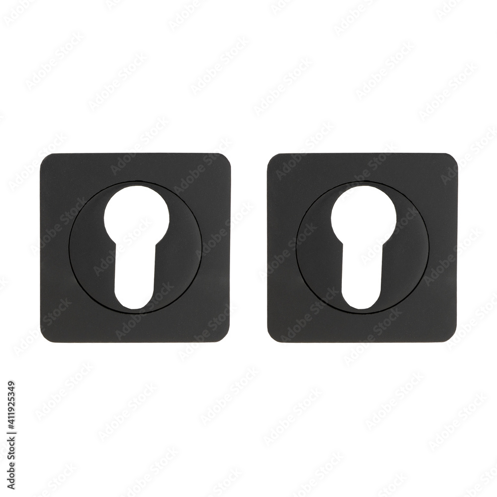 Two matte decorative covers in the shape of a square in black for a door keyhole on a white background Two matte decorative covers in the shape of a square in black for a door keyhole on a white background