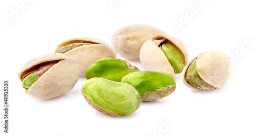 Salted Pistachio nuts in closeup isolated