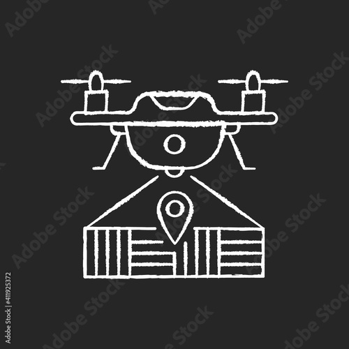 Drone mapping chalk white icon on black background. Smart agriculture. Surveying engineering. Field intelligence. Farming robotics. Isolated vector chalkboard illustration