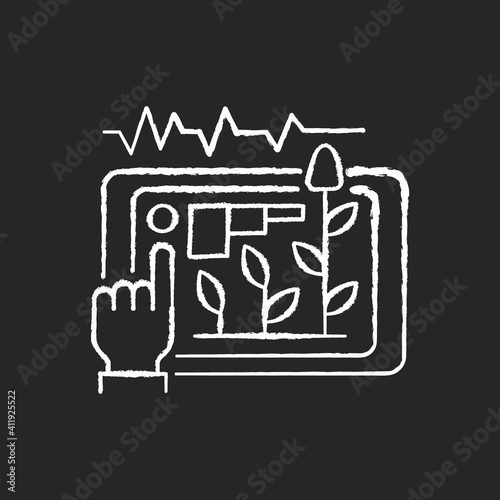 Yield prediction chalk white icon on black background. Soil test information. Crop growth forecasting. Machine learning. Analysis system. Isolated vector chalkboard illustration