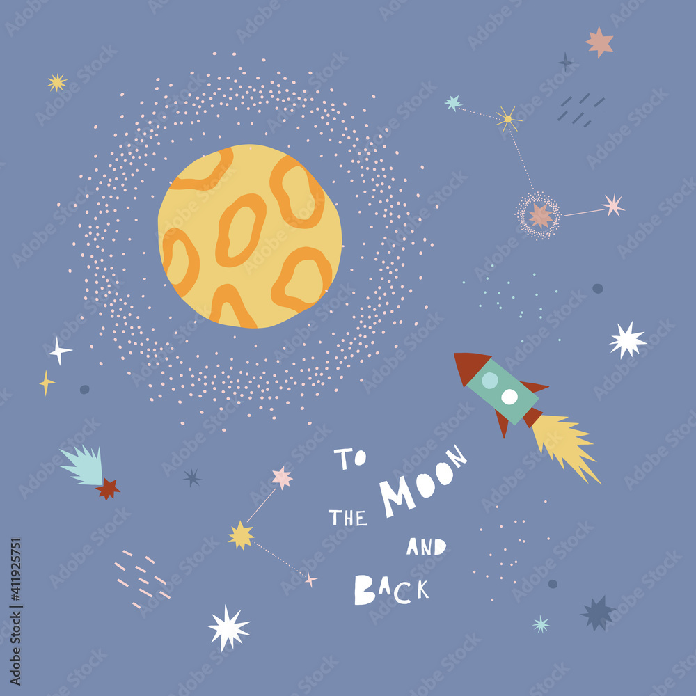 To the moon and back vector illustration with lettering. Little rocket in outer space graphic print poster design for kid astronaut