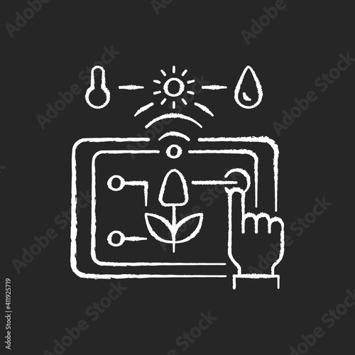 Precision agriculture chalk white icon on black background. Smart farm. Modern technologies in agriculture. Satellite farming. Crop management. Isolated vector chalkboard illustration