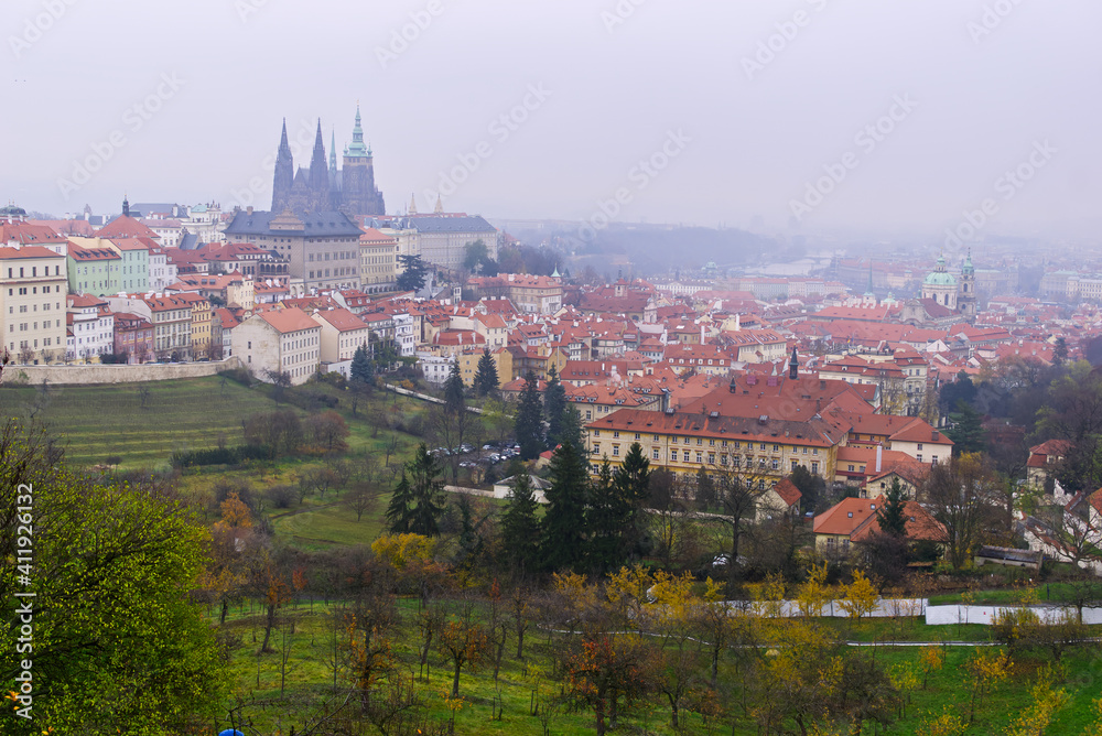 Prague Castle from the heights of the city on an overcast day