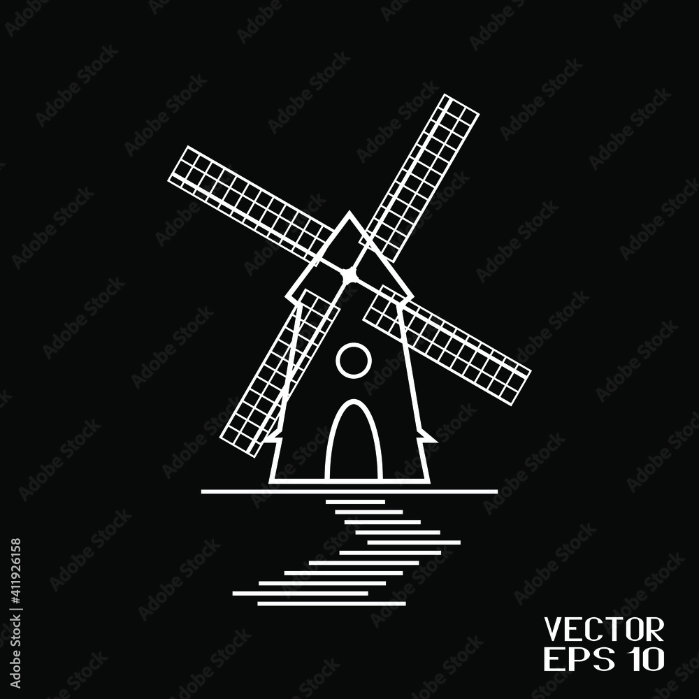 Black and White Windmill with Blades Isolated on Black Background. Silhouette of Rural Tower. Vector Illustration