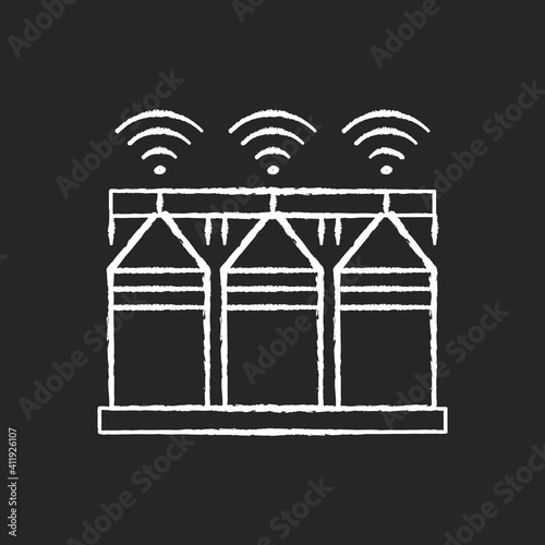 Smart crop storage chalk white icon on black background. Precision farming. Technological innovation. IoT-powered monitoring. Isolated vector chalkboard illustration