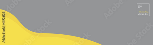 Vector abstract background in the colors of the year 2021. Ultimate Gray and Illuminating Yellow. Design banner template with place for text with wavy lines in paper art style. Copyspace.