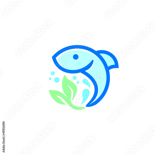 vector illustration fish and leaves, logo for aquaponics.