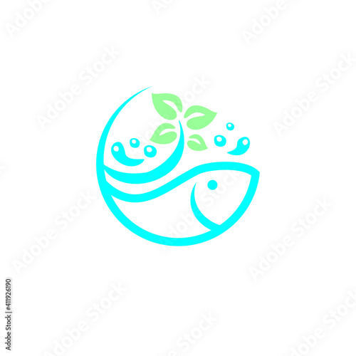 vector illustration fish and leaves, logo for aquaponics.