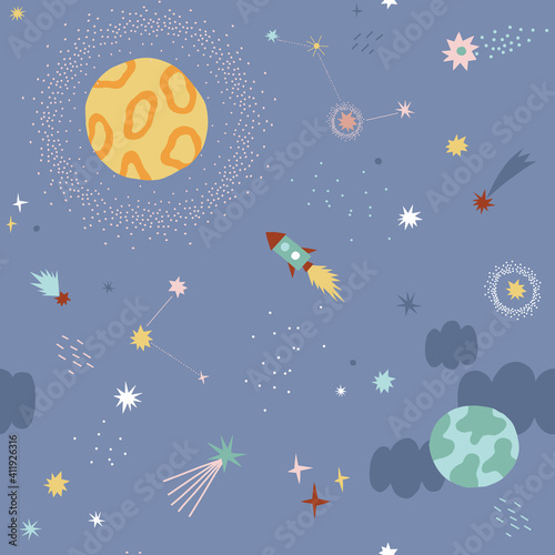 To the moon and back seamless vector pattern. Little rocket in outer space graphic print design for kid fabric
