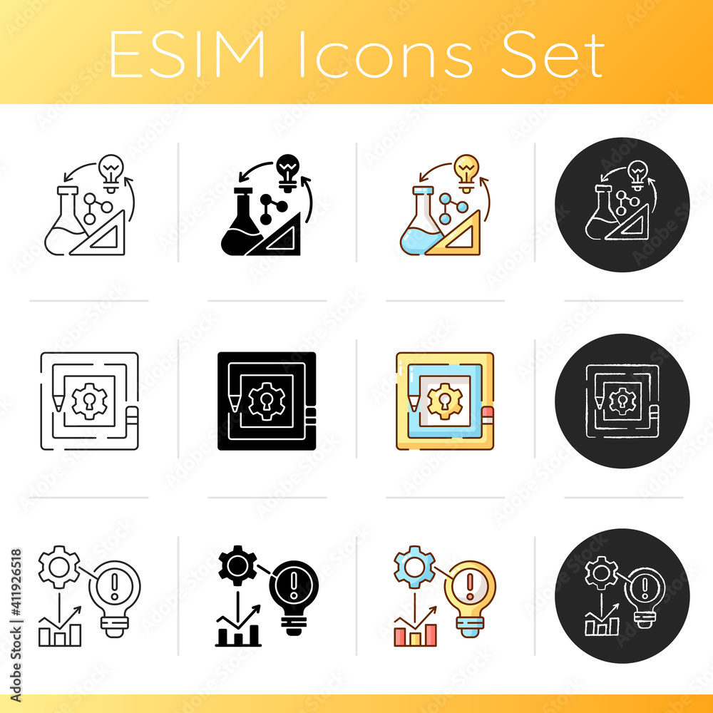Creative thinking icons set. Taking on challenges. Creativity development. Artistic thinking. STEM Analyzing information. Linear, black and RGB color styles. Isolated vector illustrations