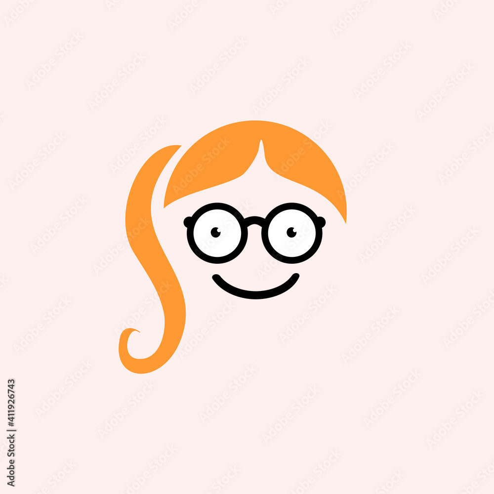 geek nerd girl with hair and glasses logo, Vector Logo template