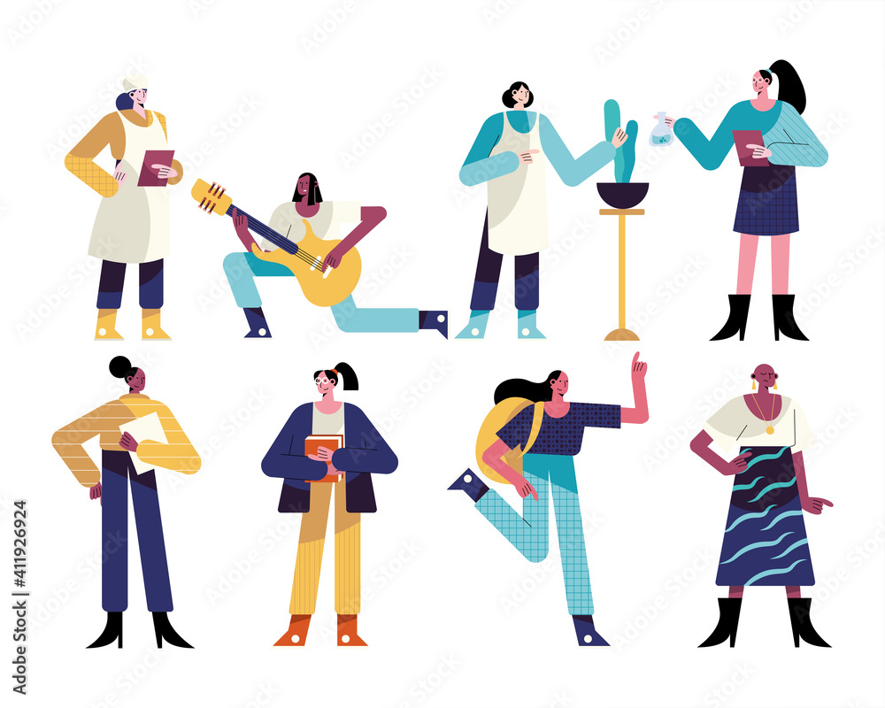 bundle of eight women different professions characters