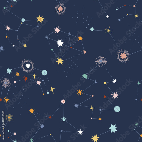 Whimsical fairy constellation vector seamless pattern. Diamond Unicorn Rainbow star sign baby fabric print Starry night sky kid background 