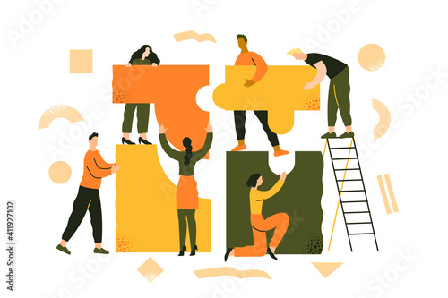 People put the puzzle together. Team work, business partnership, coworking. Team metaphor. Business creative concept. Flat vector illustration in trendy style.