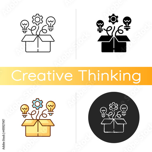 Thinking outside the box icon. Think differently, unconventionally, or from a new perspective. Creative thinking skills. Linear black and RGB color styles. Isolated vector illustrations