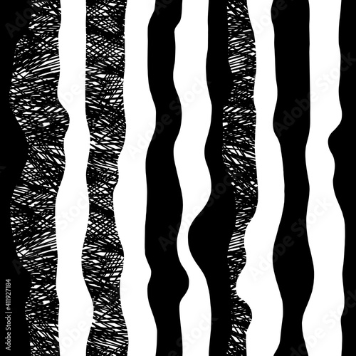 Geometric organic wavy stripe with scribble texture vector seamless pattern Childish black white abstract background Stripy texture backdrop
