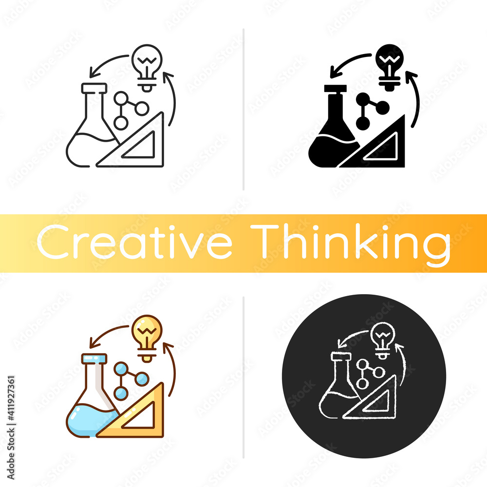 Creativity in STEM icon. Creative thinking idea. Professional information analysis. Examples of creative thinking skills. Linear black and RGB color styles. Isolated vector illustrations Creativity in STEM icon. Creative thinking idea. Professional information analysis. Examples of creative thinking skills. Linear black and RGB color styles. Isolated vector illustrations