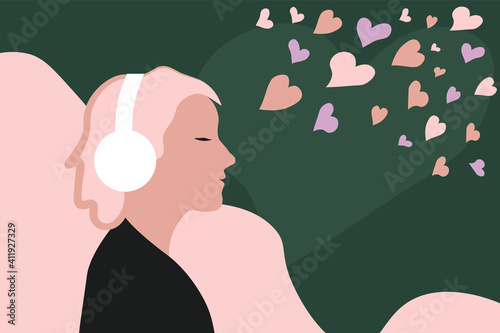 Beautiful young girl LISTENING to podcast, music, radio,  audio book. Using HEADPHONES, enjoying her favourite playlist. Flat VECTOR concept illustration. photo