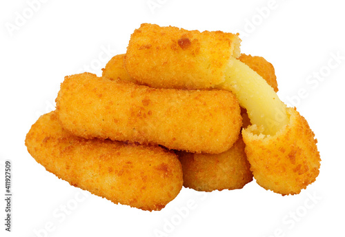 Tela Group of breadcrumb covered mozzarella cheese sticks isolated on a white backgro