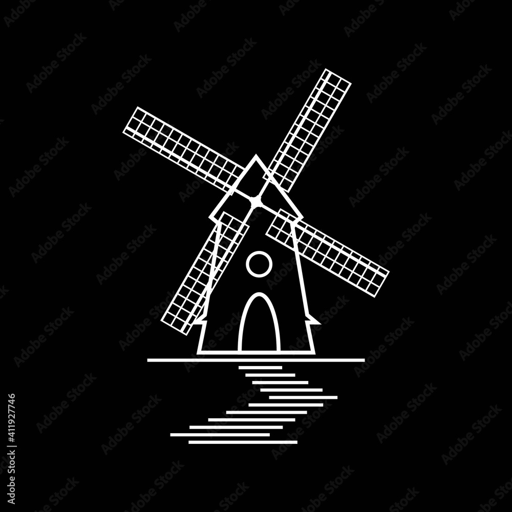 Black and White Windmill with Blades Isolated on Black Background. Silhouette of Rural Tower. Raster Illustration