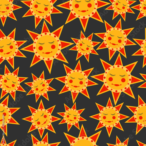 Seamless pattern with russian traditional sun - symbol of the holiday carnival about Russian Pancake week. Translation Shrovetide or Maslenitsa. Spring festival. Flat illustration