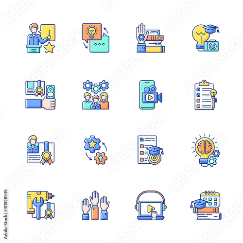 Workshop RGB color icons set. Knowledgeable presenter. Getting new practical skills Sharing experience. Details of training practice. Workshop certificate. Isolated vector illustrations