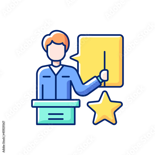 Knowledgeable presenter RGB color icon. Lecturer near the blackboard tells. Getting new practical skills. Workshop. Man expresses thoughts. Holds star. Isolated vector illustration