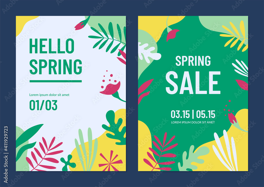 Posters for the spring sale, collection, party, festival or promotion. Trendy flyer or banner templates with floral elements and abstract shapes in bright colors.