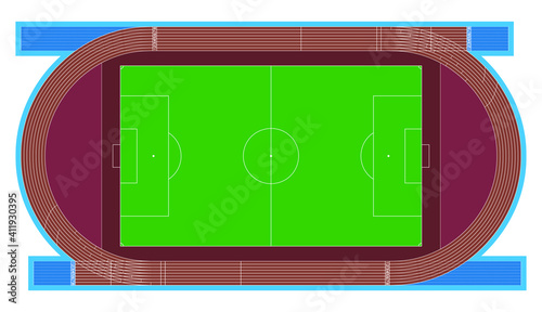 Vector illustration of sports gymnasium, soccer stadium and running track with measurements similar to real ones. The measures are on scales proportional to each other. 